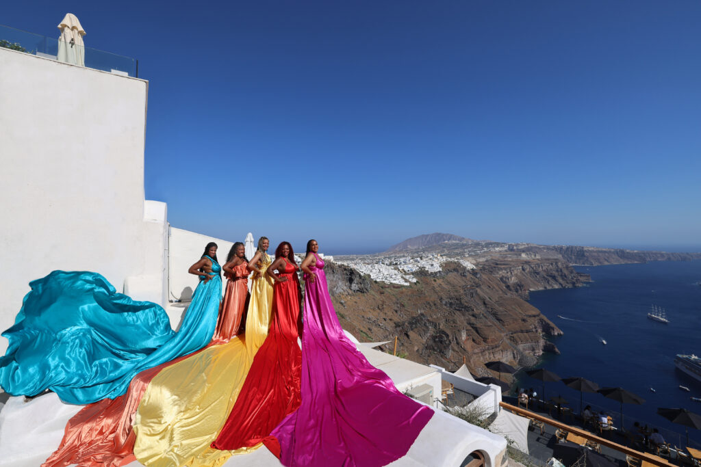 Besties flying dress in Santorini