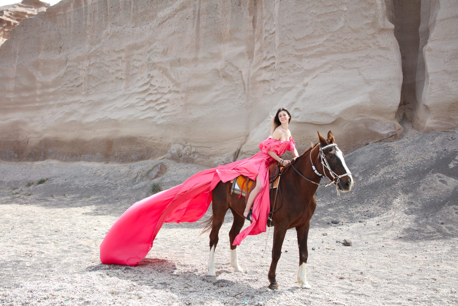 Horse Flying Dress Photoshoot in Santorini